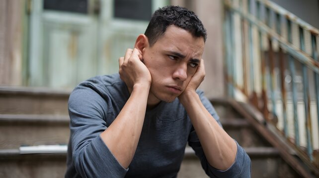 Sad Young Man Sitting on Steps Feeling Depressed Worried Anxious Troubled Thoughtful Pensive Contemplative Brooding Reflective Serious Concerned Gloomy Unhappy Melancholy Despondent Frustrated        