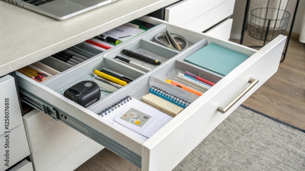 Poster A closeup of a sliding shelf revealed by the open drawer of an underdesk storage unit revealing neatly categorized office supplies and an organized workspace.