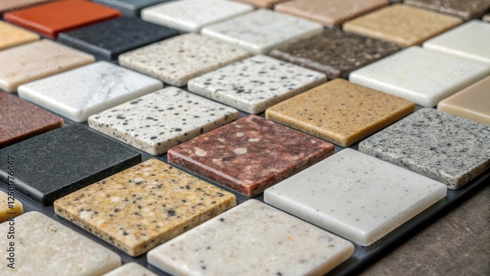Poster A closeup of a small tile displaying a mosaic of quartz samples illustrating the range of colors and textures available for kitchen countertops.
