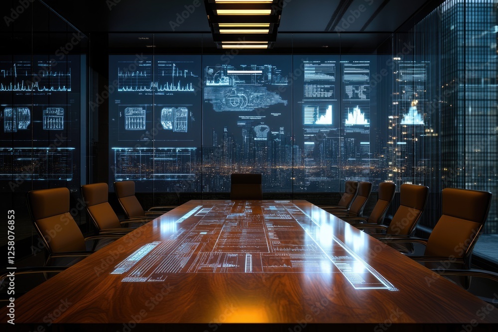 Poster modern futuristic conference room with a large screen displaying data visualizations and a city nigh