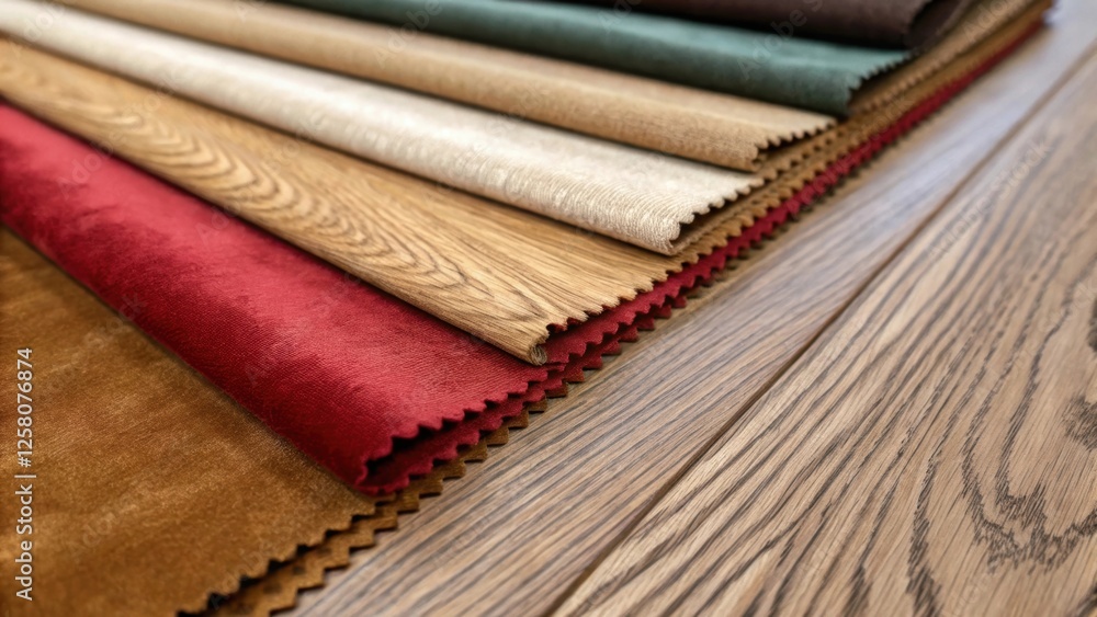 Poster a closeup of a soft fabric swatch next to raw wood finishes highlighting the variety of textures and