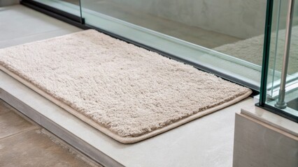 A closeup of a soft textured bath mat positioned just outside the glass enclosure contrasting with the sleekness of the glass while providing comfort.