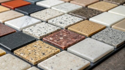 Fototapeta premium A closeup of a small tile displaying a mosaic of quartz samples illustrating the range of colors and textures available for kitchen countertops.