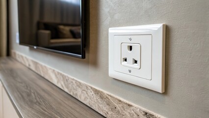 A closeup of a socket outlet cleverly installed within the wall with no visible wires illustrating a seamless integration for powering the TV.