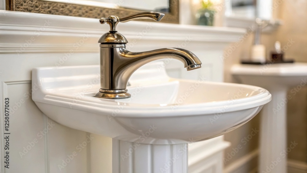 Poster a closeup of a stylish faucet installed on a narrow pedestal sink highlighting its modern curves and