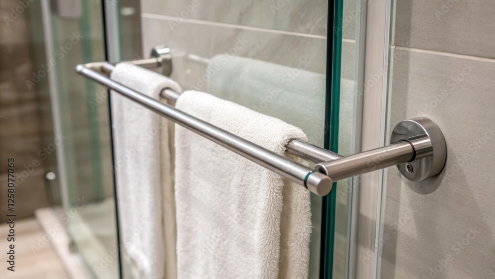 Poster a closeup of a stylish towel rack mounted on the wall beside glass panels demonstrating the function