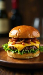 Artisanal burger topped with melted cheese and caramelized onions on a wooden plate, cheese, foodie, fine dining
