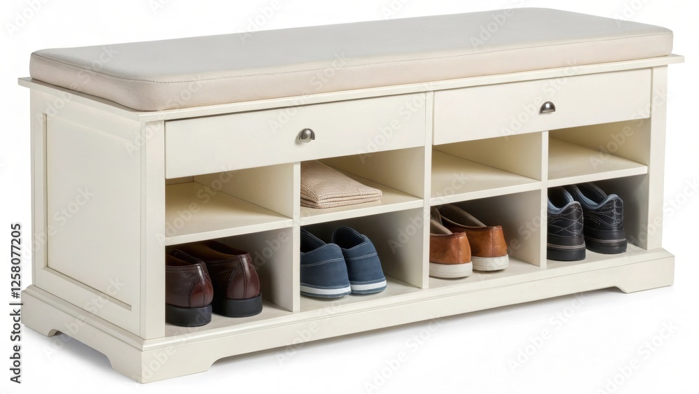 Poster a closeup of a stylish multifunctional bench that doubles as a shoe cubby with a smooth surface feat