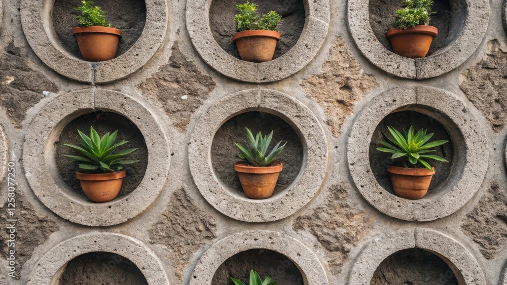 Aufkleber a closeup of a textured stone wall with circular niches each containing a different potted succulent