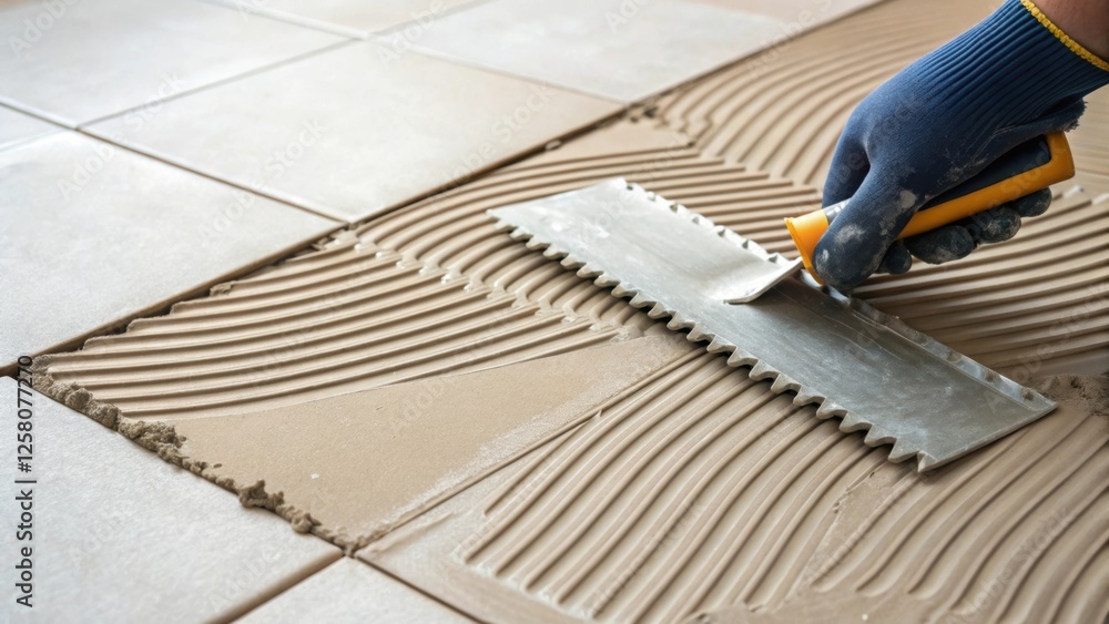 Poster a closeup of a tile adhesive being spread evenly on the floor with a notched trowel conveying the me