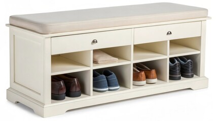 A closeup of a stylish multifunctional bench that doubles as a shoe cubby with a smooth surface featuring a familyfriendly design.