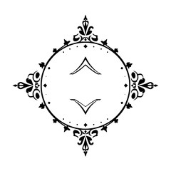Fototapeta premium Circular black ornate frame with arrows and minimalist chevron design on a white background.