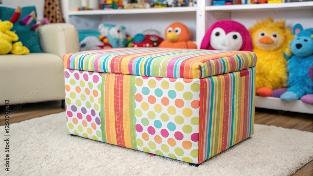 Poster a closeup of a vibrant multicolored storage ottoman that doubles as seating p in a playful corner fi