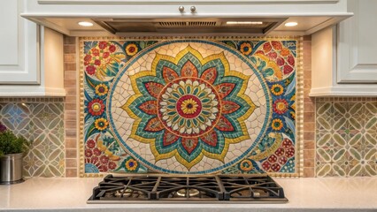 A closeup of a vibrant handcrafted mosaic backsplash with intricate designs serving as a focal point in a creative culinary space.