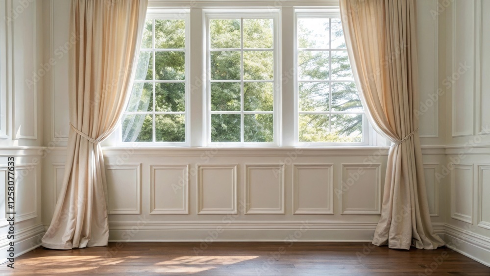 Poster a closeup of a wall where wainscoting meets floortoceiling windows letting natural light enhance the