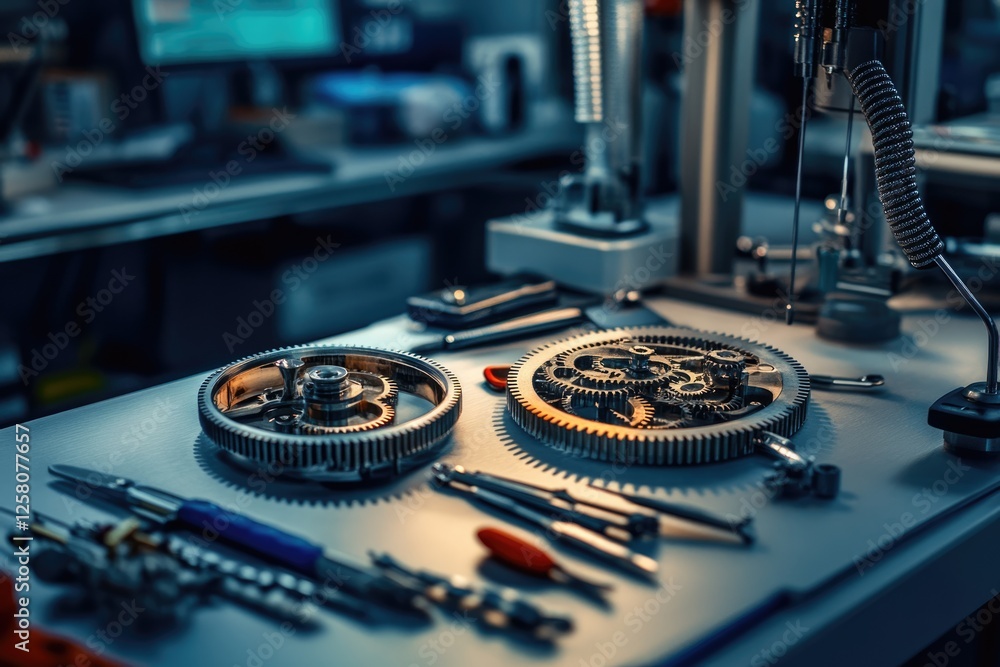 Poster Precision gears and watchmaking tools on a workbench, illuminated by soft light.
