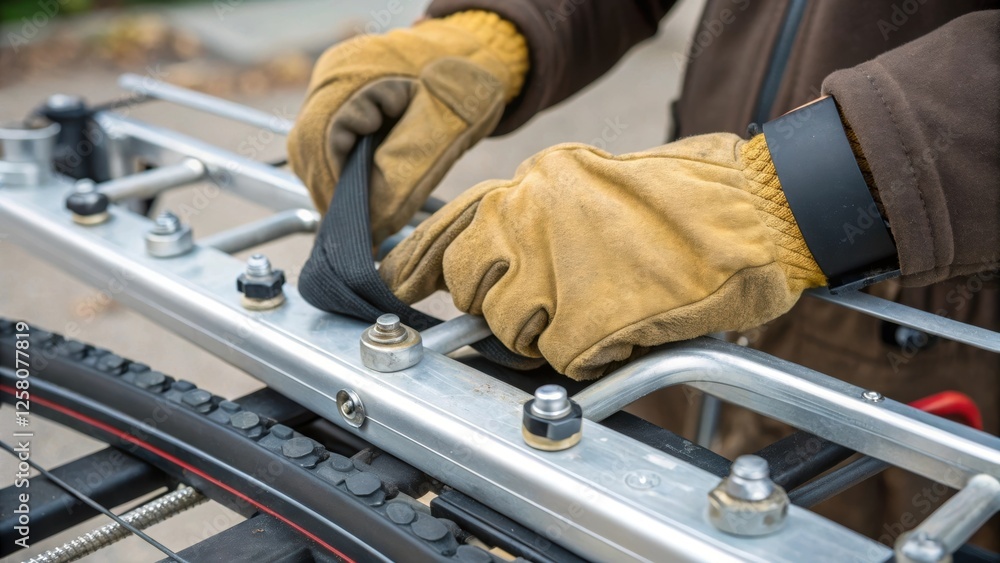 Poster a closeup of a workers gloved hand adjusting a rubber gasket on a bike rack showcasing the contrasti