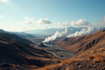 Fototapeta premium Barren treeless tundra landscape with coal gas pipes in background, landscape, mining