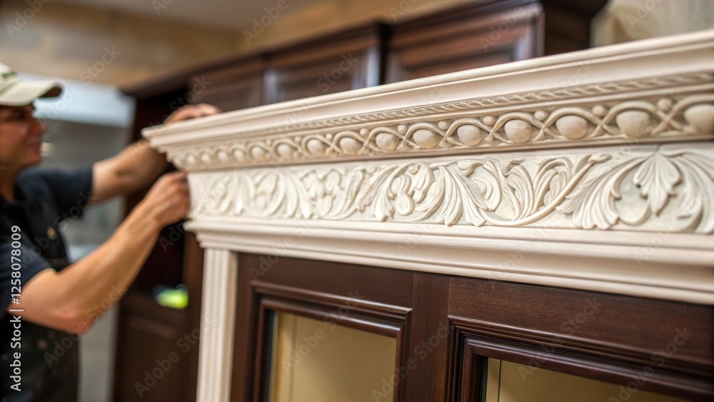 Poster a closeup of decorative molding being installed on the top of an entertainment center focusing on th