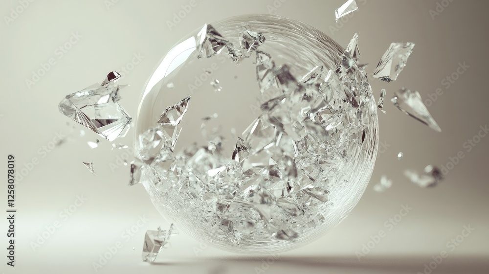Poster A crystal sphere in the process of shattering, with fragments suspended in mid-air, creating an abstract and artistic visual on a light grey background.