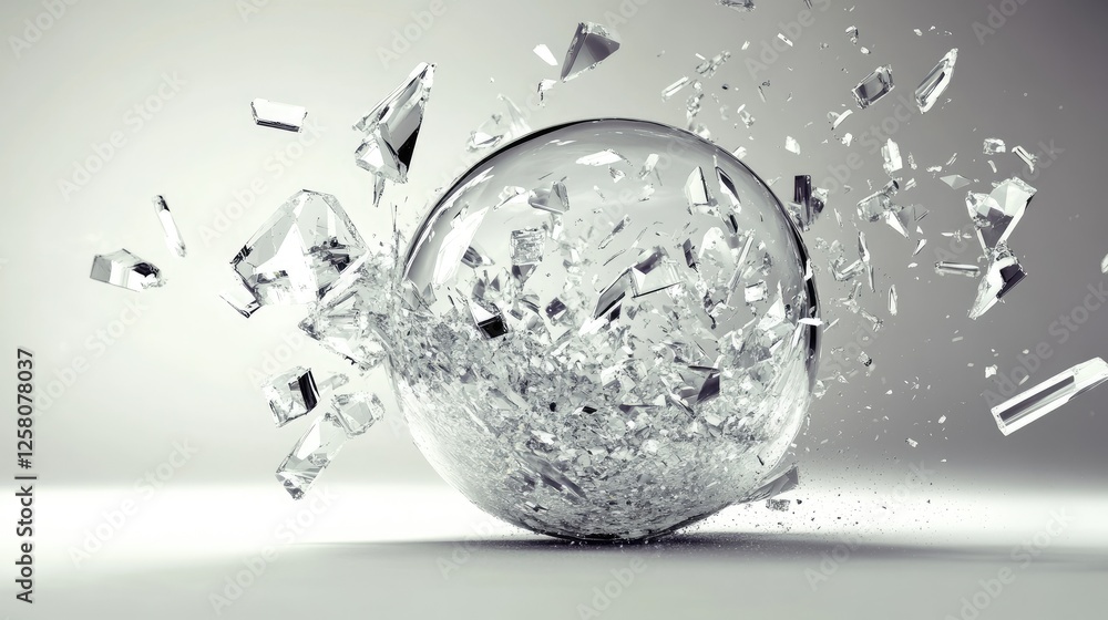 Poster A crystal sphere in the process of shattering, with fragments suspended in mid-air, creating an abstract and artistic visual on a light grey background.
