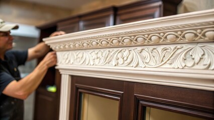 A closeup of decorative molding being installed on the top of an entertainment center focusing on the intricate design and precision required for a polished finish.