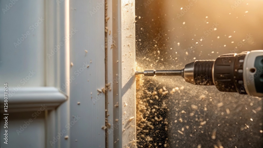 Poster a closeup of drywall being drilled around a pocket door frame with dust and debris floating in sunli