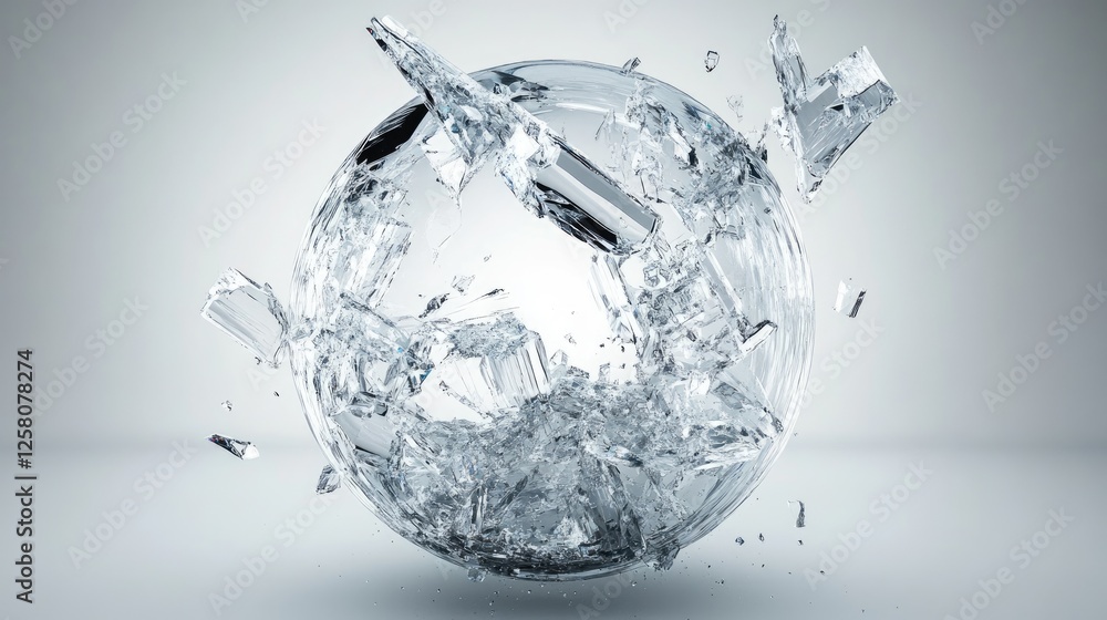 Poster A crystal sphere in the process of shattering, with fragments suspended in mid-air, creating an abstract and artistic visual on a light grey background.