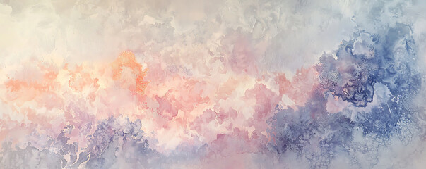 Naklejka premium A soft and abstract watercolor texture blending warm orange, soft blue, and creamy white hues, creating a delicate and fluid artistic wash with natural movement.