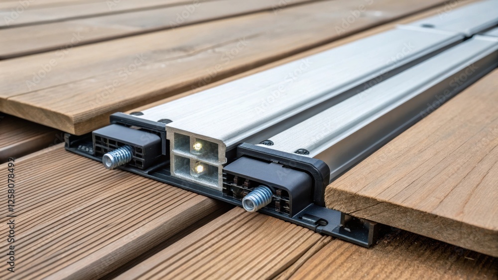 Poster a closeup of innovative decking connectors being installed emphasizing engineering and design that e