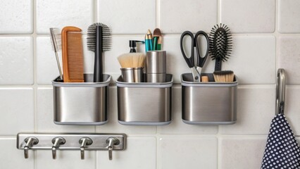 A closeup of innovative magnetic storage solutions on a bathroom wall featuring metal containers filled with grooming tools illustrating easy access and organized efficiency.