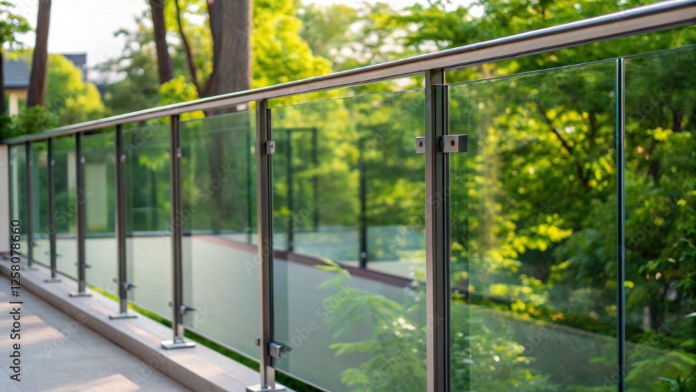 Aufkleber A closeup of newly installed glass panels within a railing system capturing the reflection of surrounding greenery and the seamless integration into the balcony.