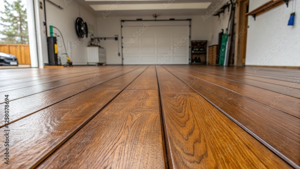 Aufkleber a closeup of newly installed flooring in a converted garage highlighting rich wooden planks that add