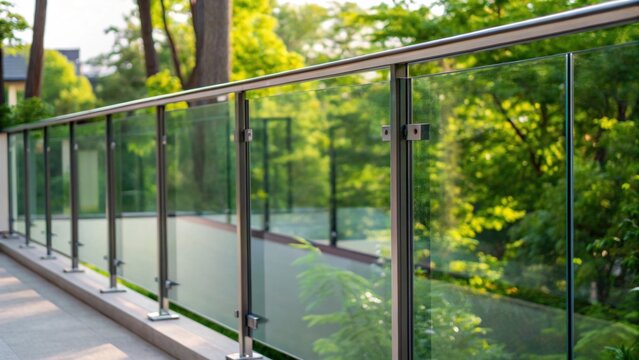 A closeup of newly installed glass panels within a railing system capturing the reflection of surrounding greenery and the seamless integration into the balcony.