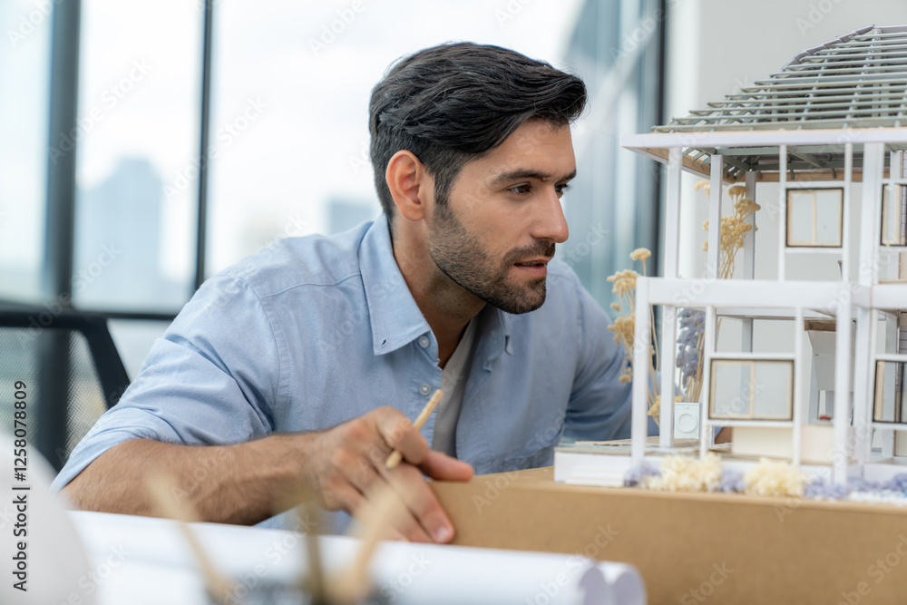 Poster closeup portrait of smart caucasian architect engineer inspect house model while thinking about buil