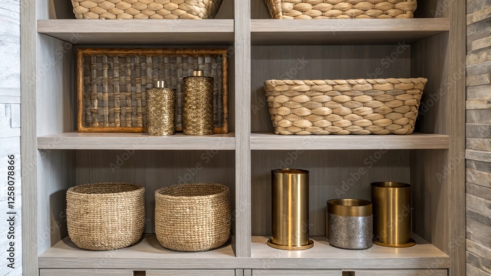 Poster A closeup of recessed display shelves styled with a blend of textures such as woven baskets and metallic accents illustrating a balanced mix of organic and contemporary design