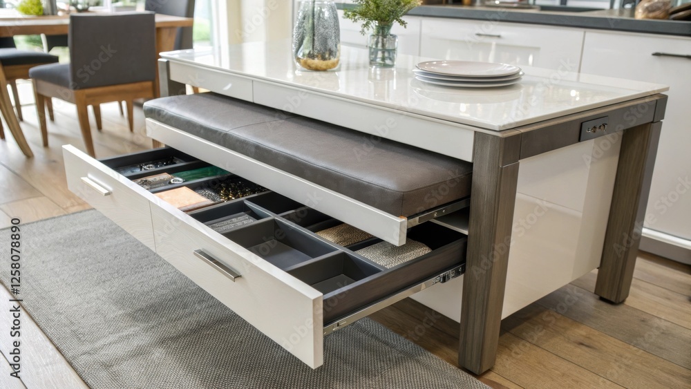 Leinwandbilder a closeup of sleek pushtoopen drawer fronts beneath a fashionable dining bench highlighting a highgl