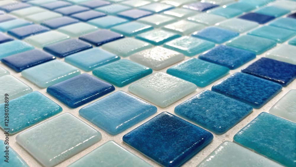 Poster A closeup of small square mosaic tiles with a gradient color scheme focusing on the transitions from deep blue to light aqua evoking the feel of ocean waves in the bathroom.