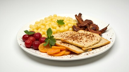 Delicious and Nutritious Vegan Meal  Macaroni,  Plant-Based Meat,  Fruits and Vegetables