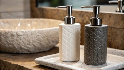 A closeup of soap and lotion dispensers elegantly p beside a textured stone sink emphasizing the personalized touch of the bathrooms custom renovation.