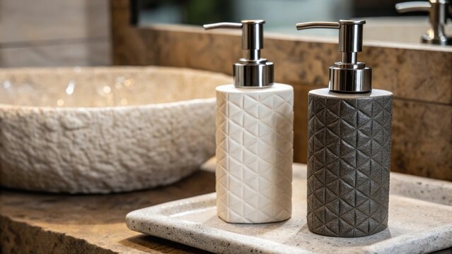 A closeup of soap and lotion dispensers elegantly p beside a textured stone sink emphasizing the personalized touch of the bathrooms custom renovation.