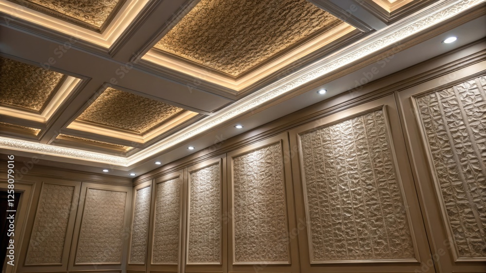 Aufkleber A closeup of textured wall panels below a coffered ceiling enhanced by LED strip lighting that creates a seamless blend of style and functionality.