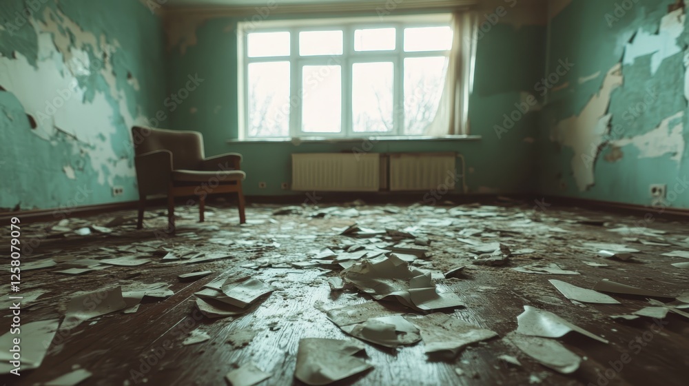 Poster papers scatter across the floor of a light-filled room, reflecting disarray and neglect, while the p