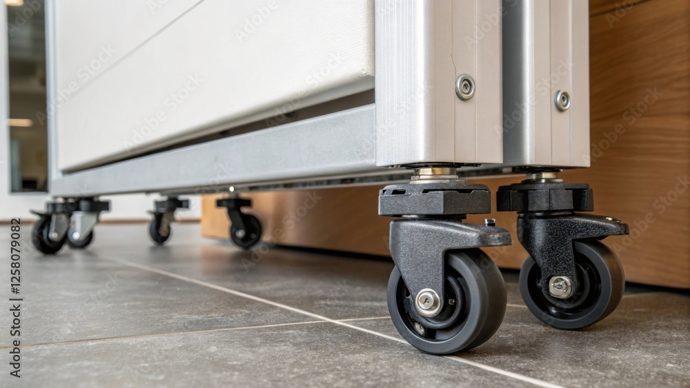 Poster A closeup of the base of a movable wall showcasing adjustable feet that provide stability on uneven surfaces ensuring it stays secure in any configuration.