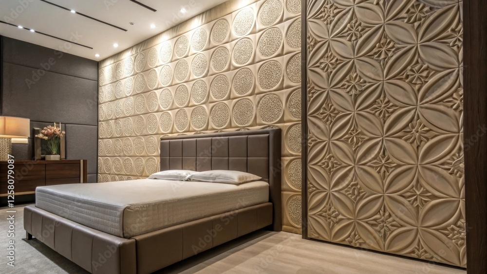 Poster A closeup of textured wall panels surrounding a dropdown bed illustrating how design elements can enhance functional furniture in a contemporary room.