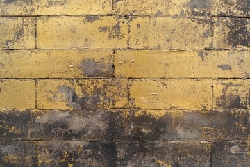 Obraz premium Golden painted brick wall exhibiting significant wear and tear