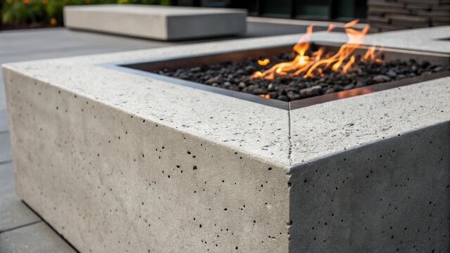 A closeup of textured concrete surrounding a modern firepit highlighting raw industrial elements that redefine outdoor space and create a tingedge vibe.