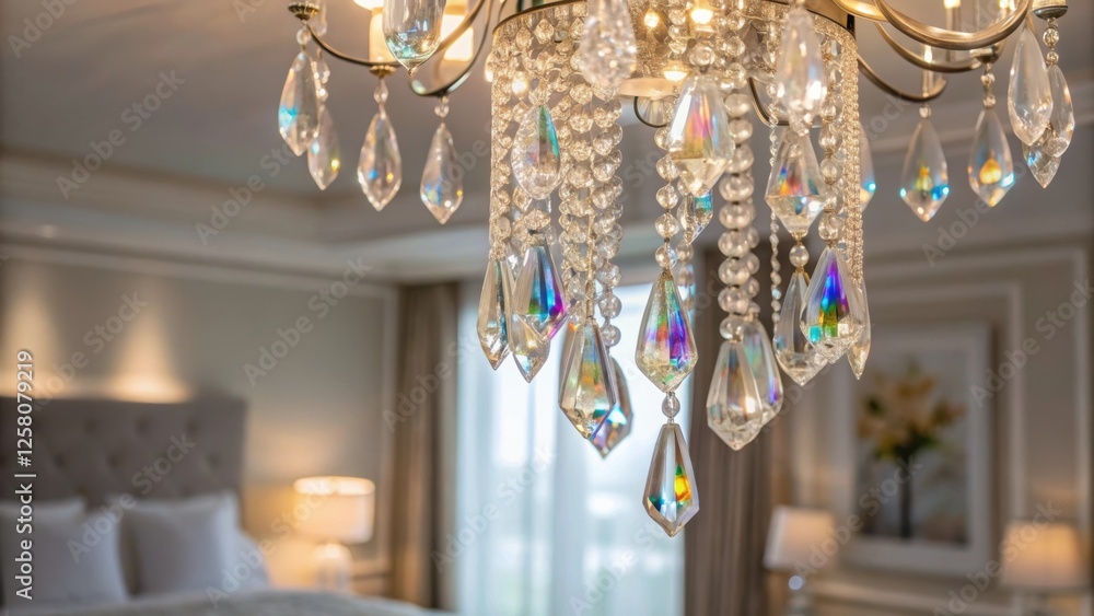 Poster a closeup of the chandeliers elegant crystals catching the light creating a spectrum of colors that 