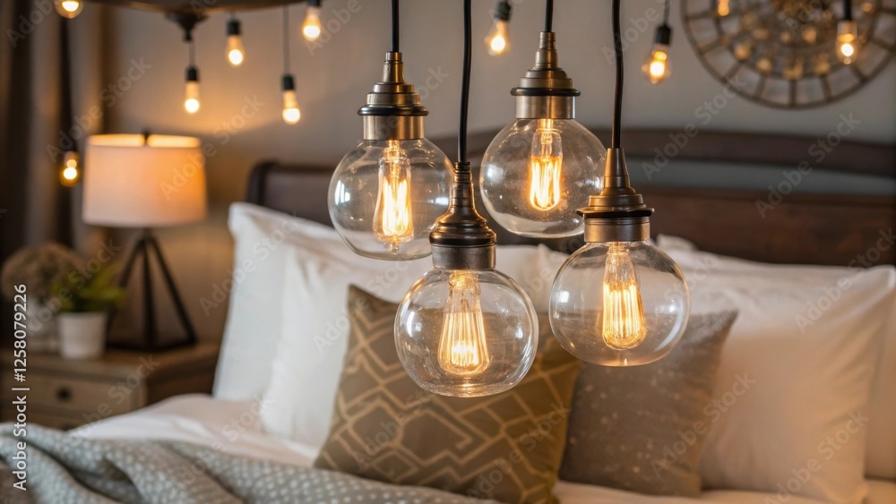 Poster a closeup of the chandeliers lightbulbs encased in glass subtly glowing while providing a warm atmos