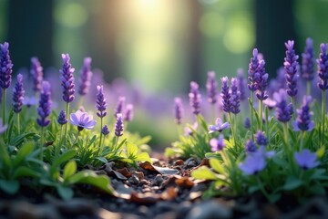 Obraz premium Delicate lavender sprigs scattered on a misty forest floor, wildflowers, purple background